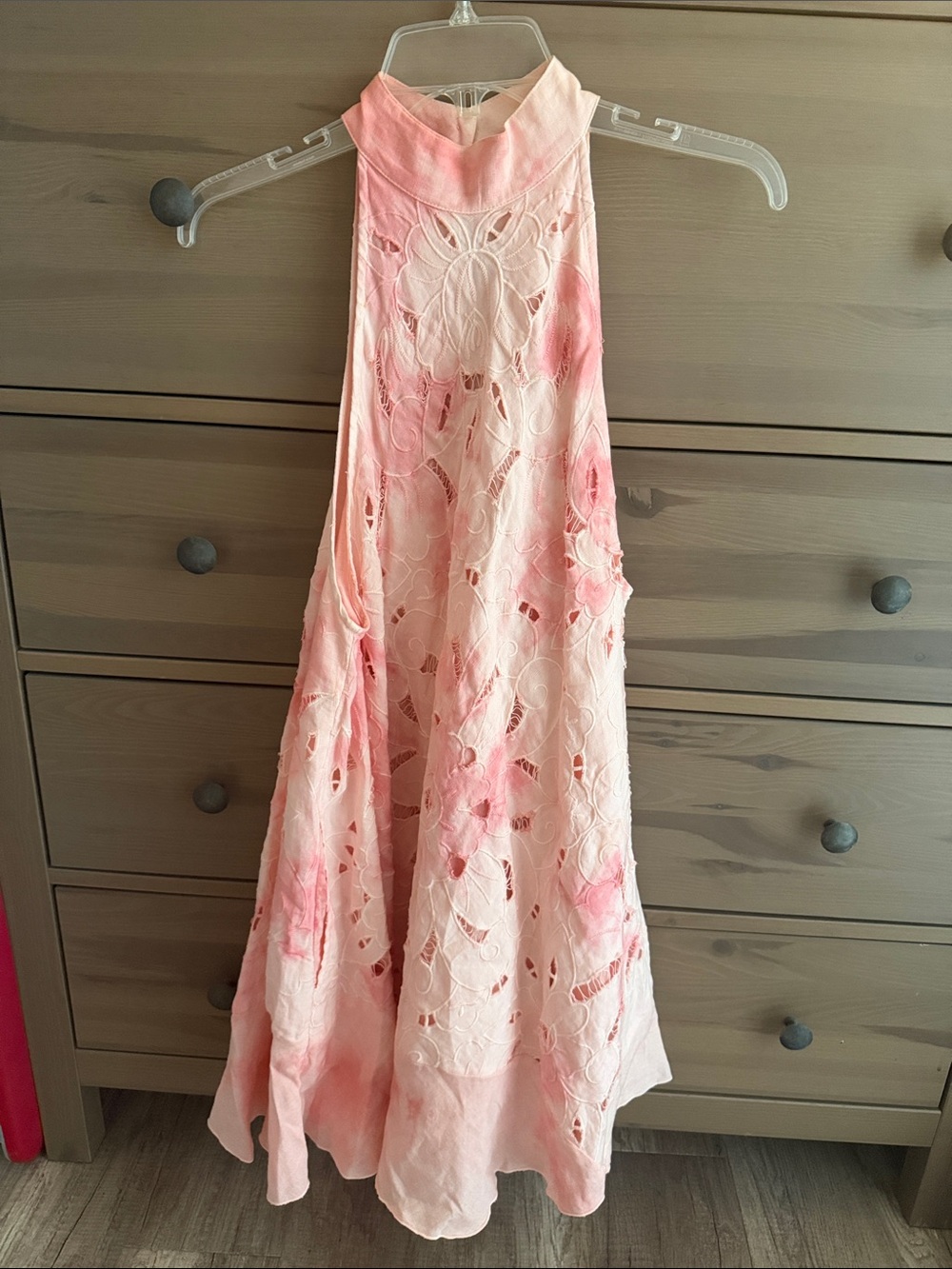 Free People Pink High-Neck Cutout Lace Mini Dress